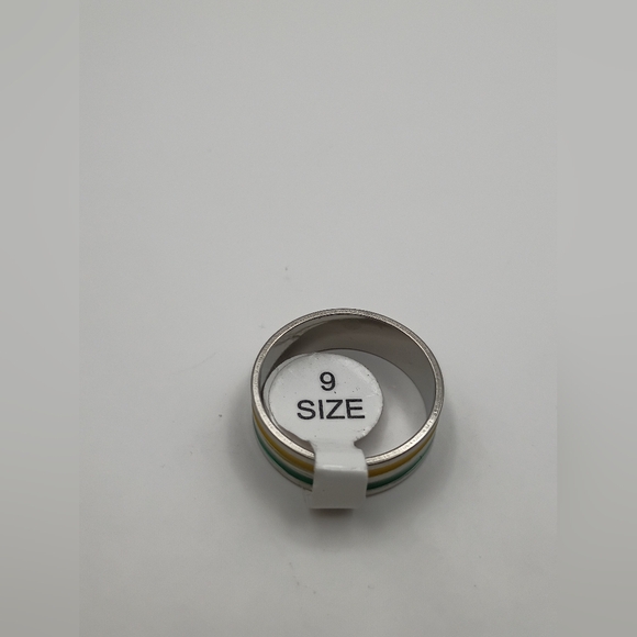 Stainless Steel Band Ring Silver with Yellow and Green Accents US Size 5 - Picture 3 of 3